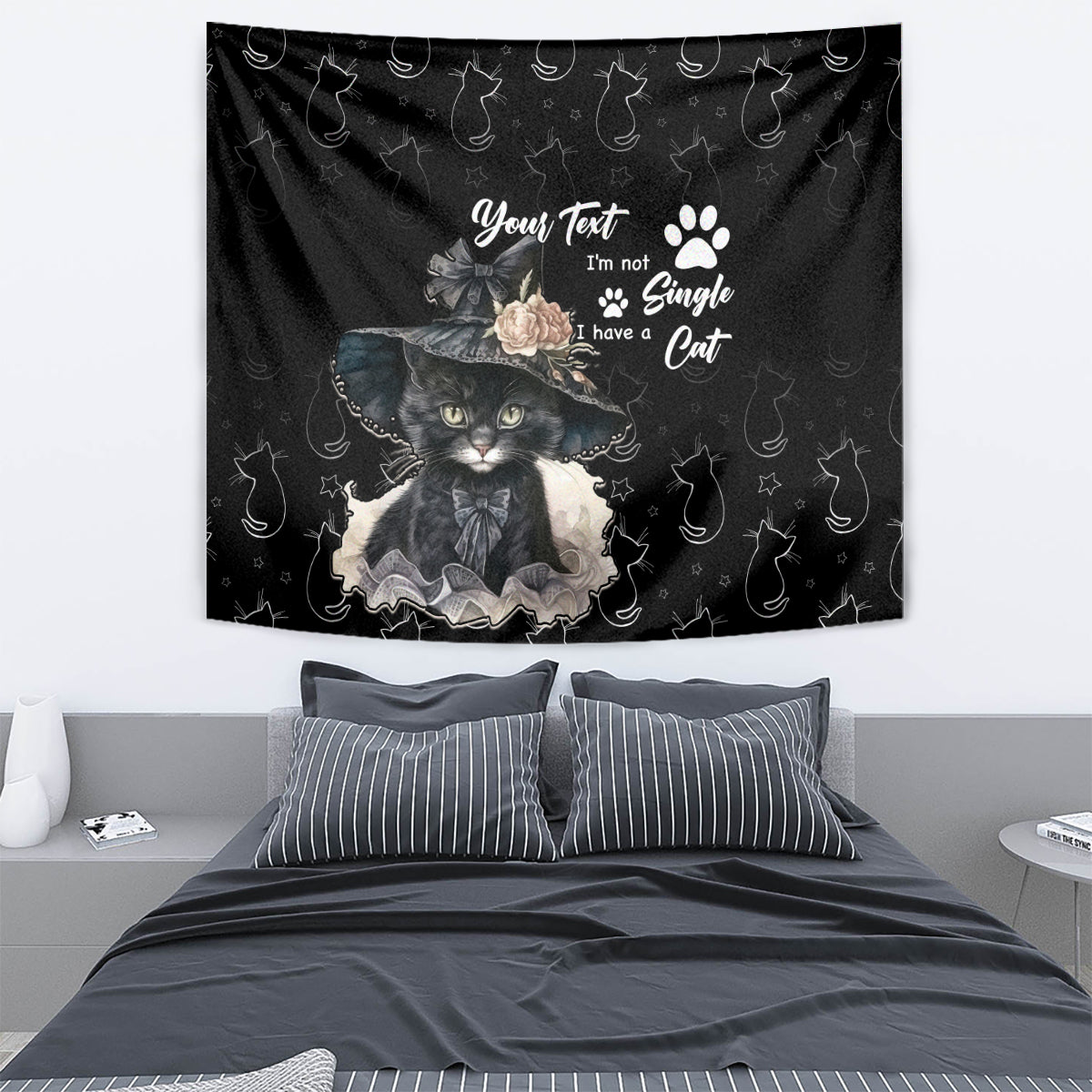 Black cat tapestry with a dressed-up kitten illustration, paw prints pattern, and custom text