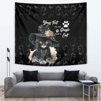 Black cat-themed tapestry with a hat-wearing kitten, floral accents, and paw-print background