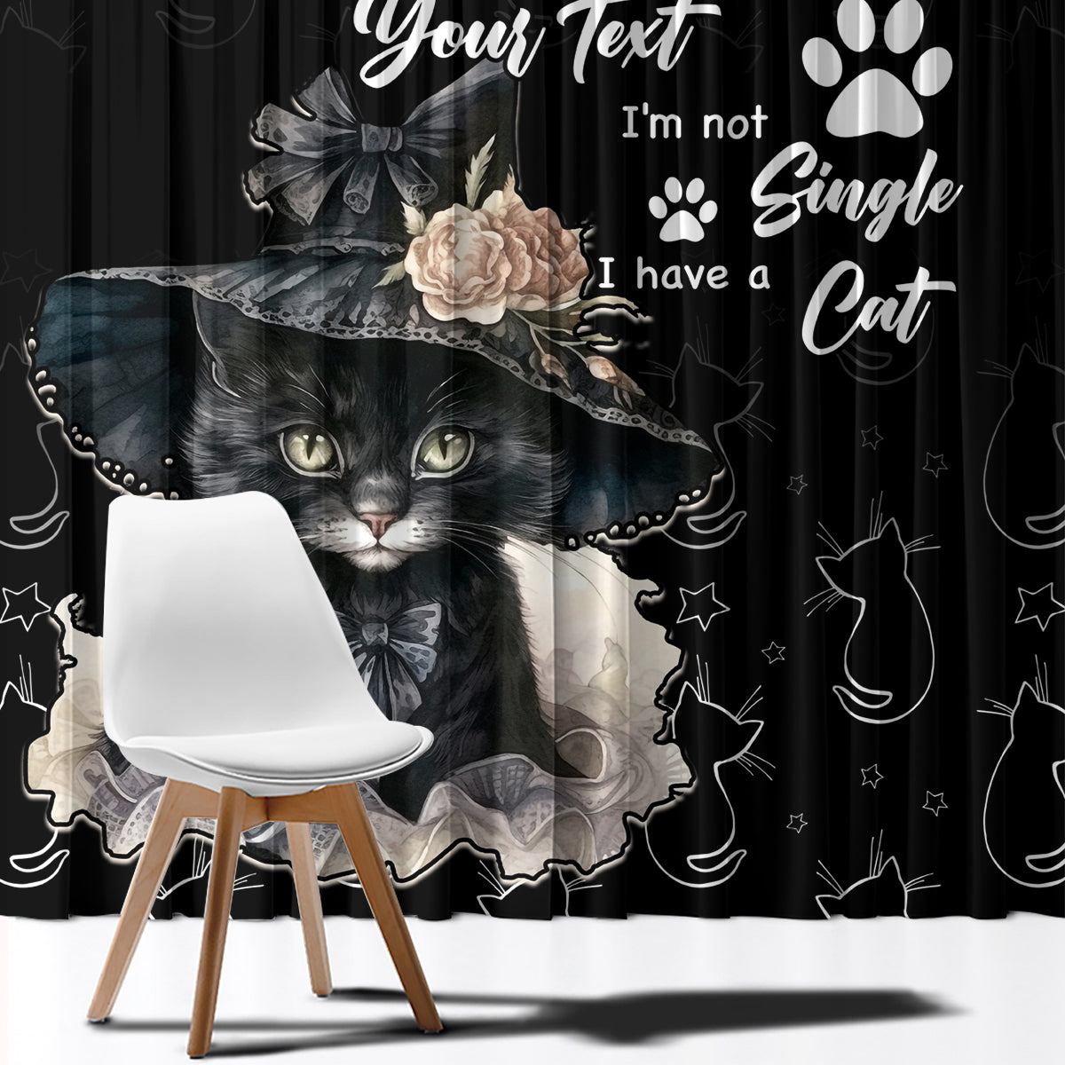Black cat-themed window curtain panel with flower, paws, and “I’m not Single” text