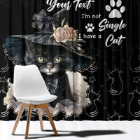 Black cat-themed window curtain panel with flower, paws, and “I’m not Single” text