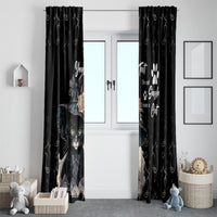 Black window curtain pair featuring a large cat portrait and paw prints