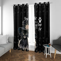 Black window curtain pair with center cat portrait and “I have a Cat” statement