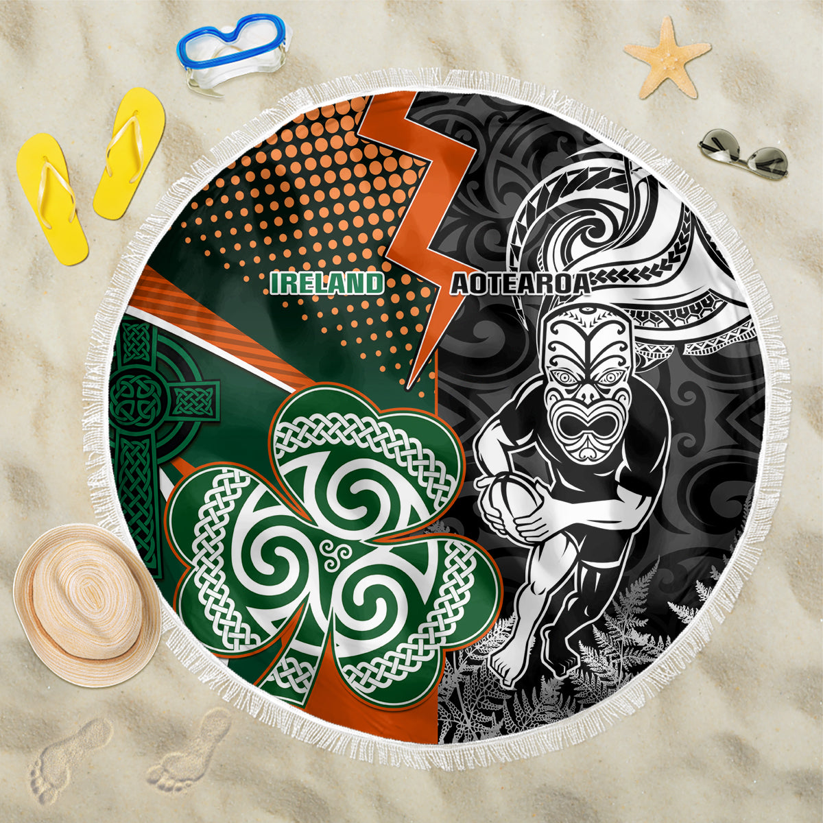 New Zealand and Ireland Rugby Beach Blanket Silver Fern With Shamrock 2023 World Cup - Wonder Print Shop