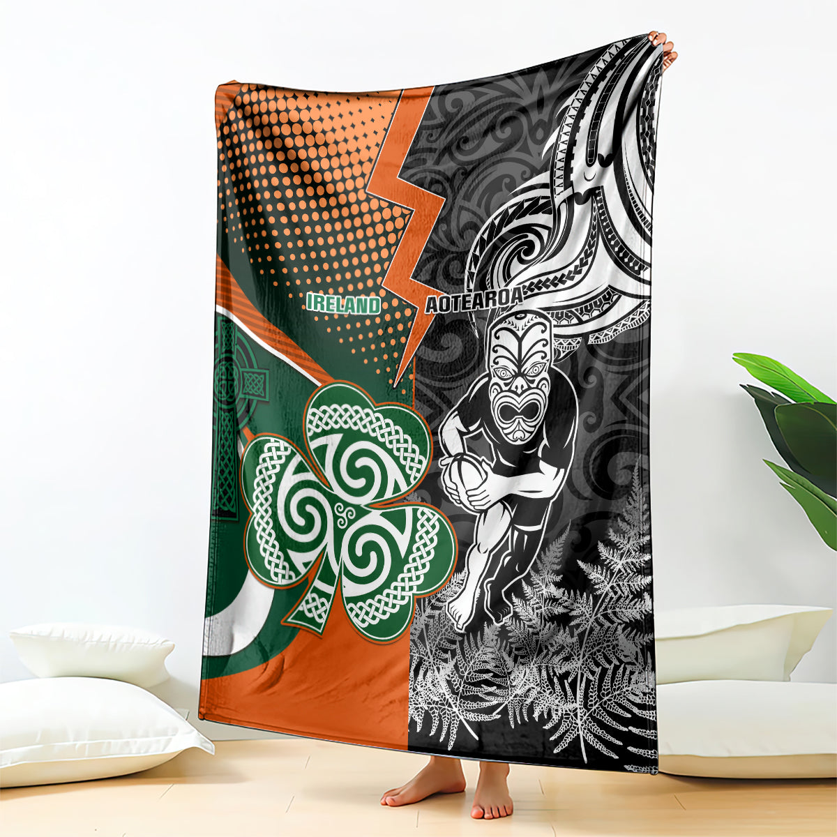 new-zealand-and-ireland-rugby-blanket-silver-fern-with-shamrock-2023-world-cup