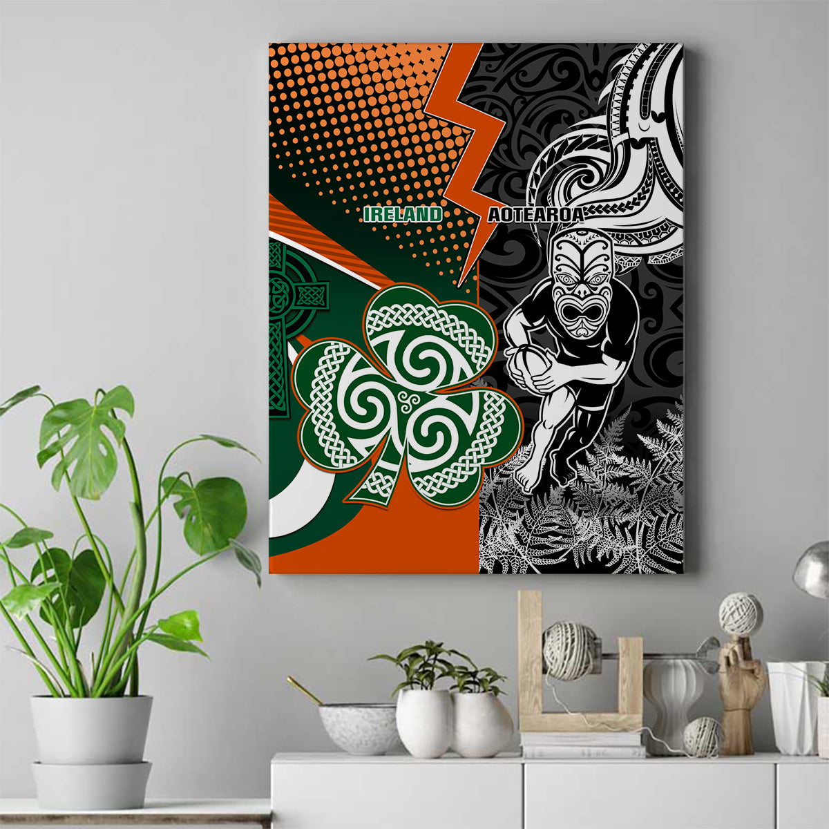 New Zealand and Ireland Rugby Canvas Wall Art Silver Fern With Shamrock 2023 World Cup - Wonder Print Shop