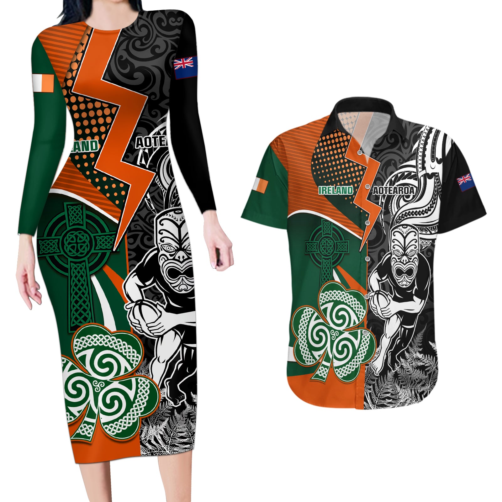 New Zealand and Ireland Rugby Couples Matching Long Sleeve Bodycon Dress and Hawaiian Shirt Silver Fern With Shamrock 2023 World Cup - Wonder Print Shop