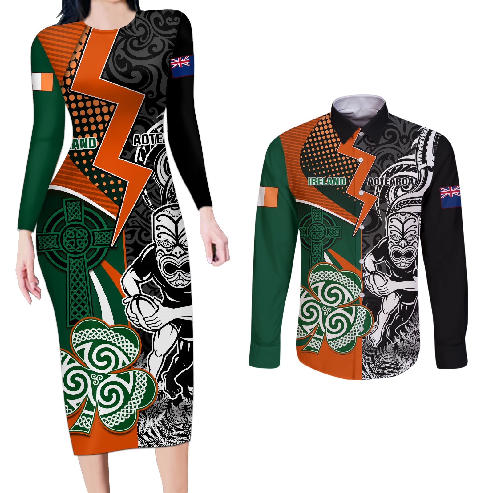 New Zealand and Ireland Rugby Couples Matching Long Sleeve Bodycon Dress and Long Sleeve Button Shirts Silver Fern With Shamrock 2023 World Cup - Wonder Print Shop