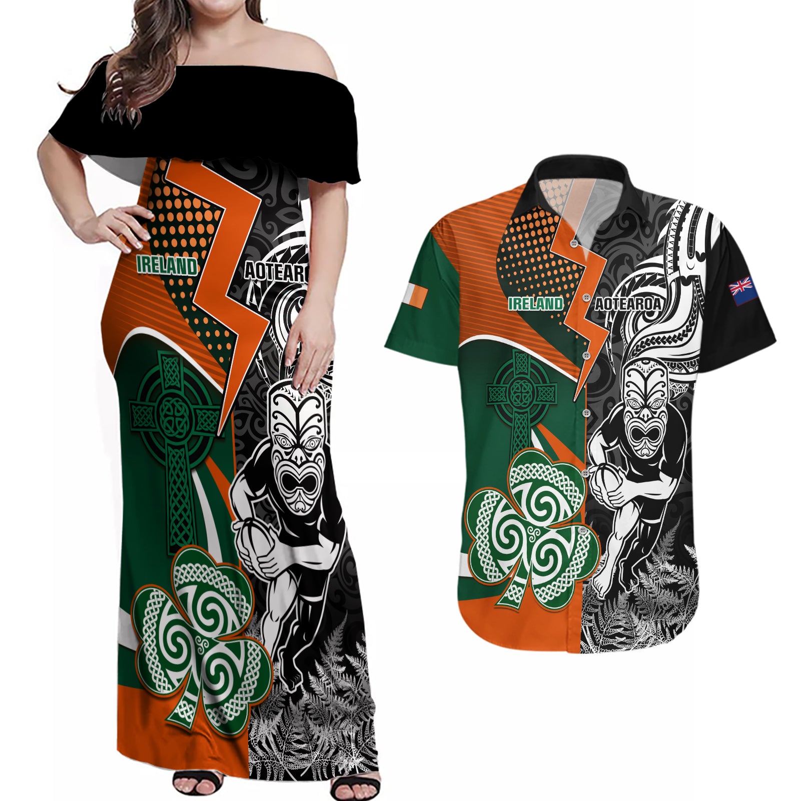 New Zealand and Ireland Rugby Couples Matching Off Shoulder Maxi Dress and Hawaiian Shirt Silver Fern With Shamrock 2023 World Cup - Wonder Print Shop