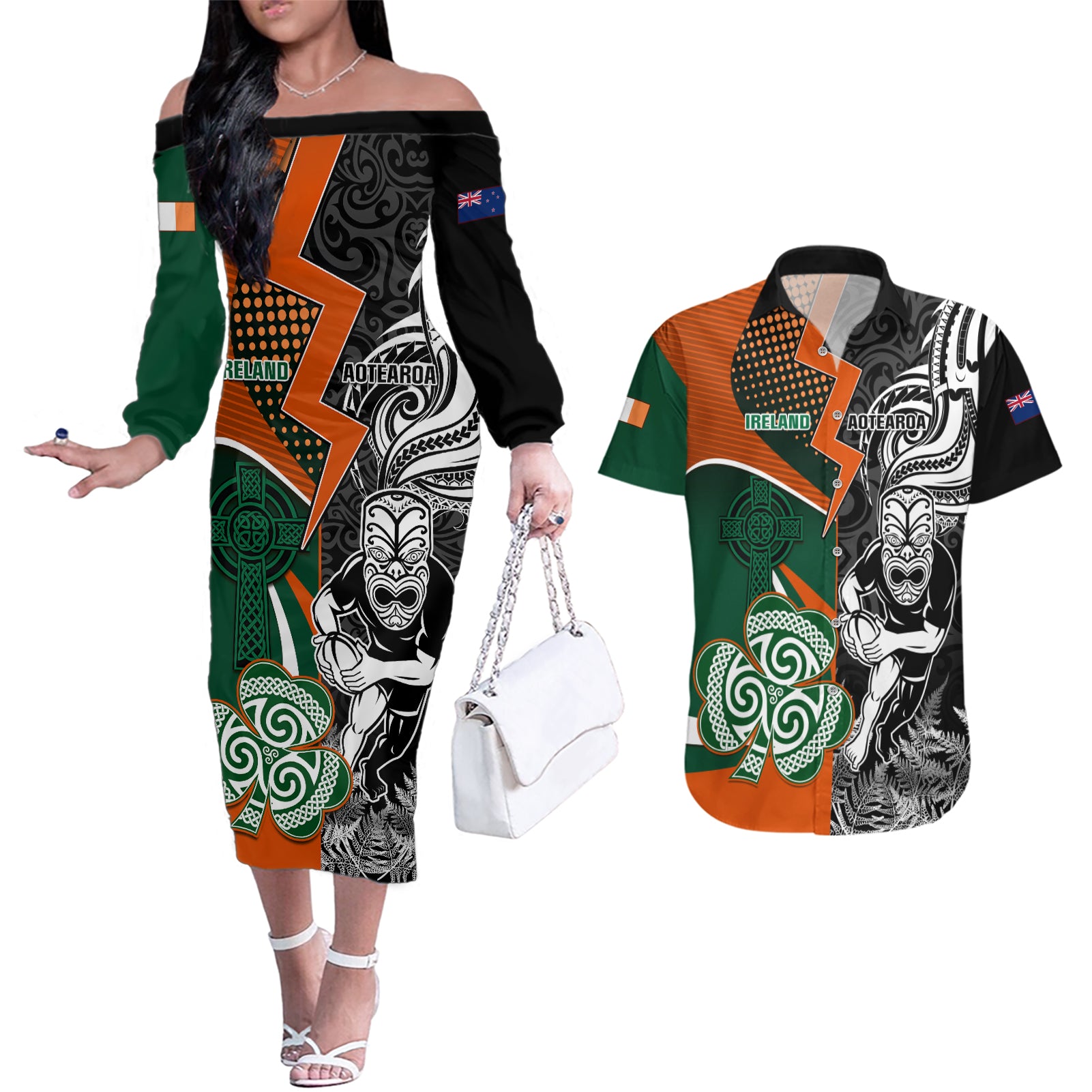 New Zealand and Ireland Rugby Couples Matching Off The Shoulder Long Sleeve Dress and Hawaiian Shirt Silver Fern With Shamrock 2023 World Cup - Wonder Print Shop