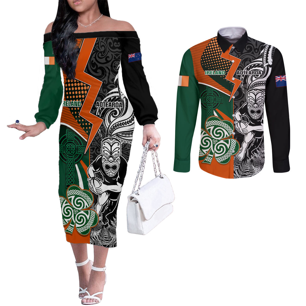 new-zealand-and-ireland-rugby-couples-matching-off-the-shoulder-long-sleeve-dress-and-long-sleeve-button-shirts-silver-fern-with-shamrock-2023-world-cup