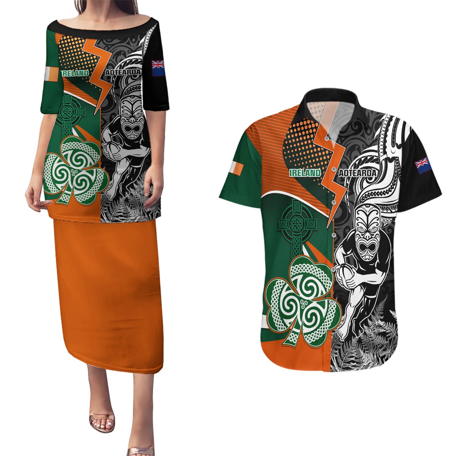 New Zealand and Ireland Rugby Couples Matching Puletasi Dress and Hawaiian Shirt Silver Fern With Shamrock 2023 World Cup - Wonder Print Shop