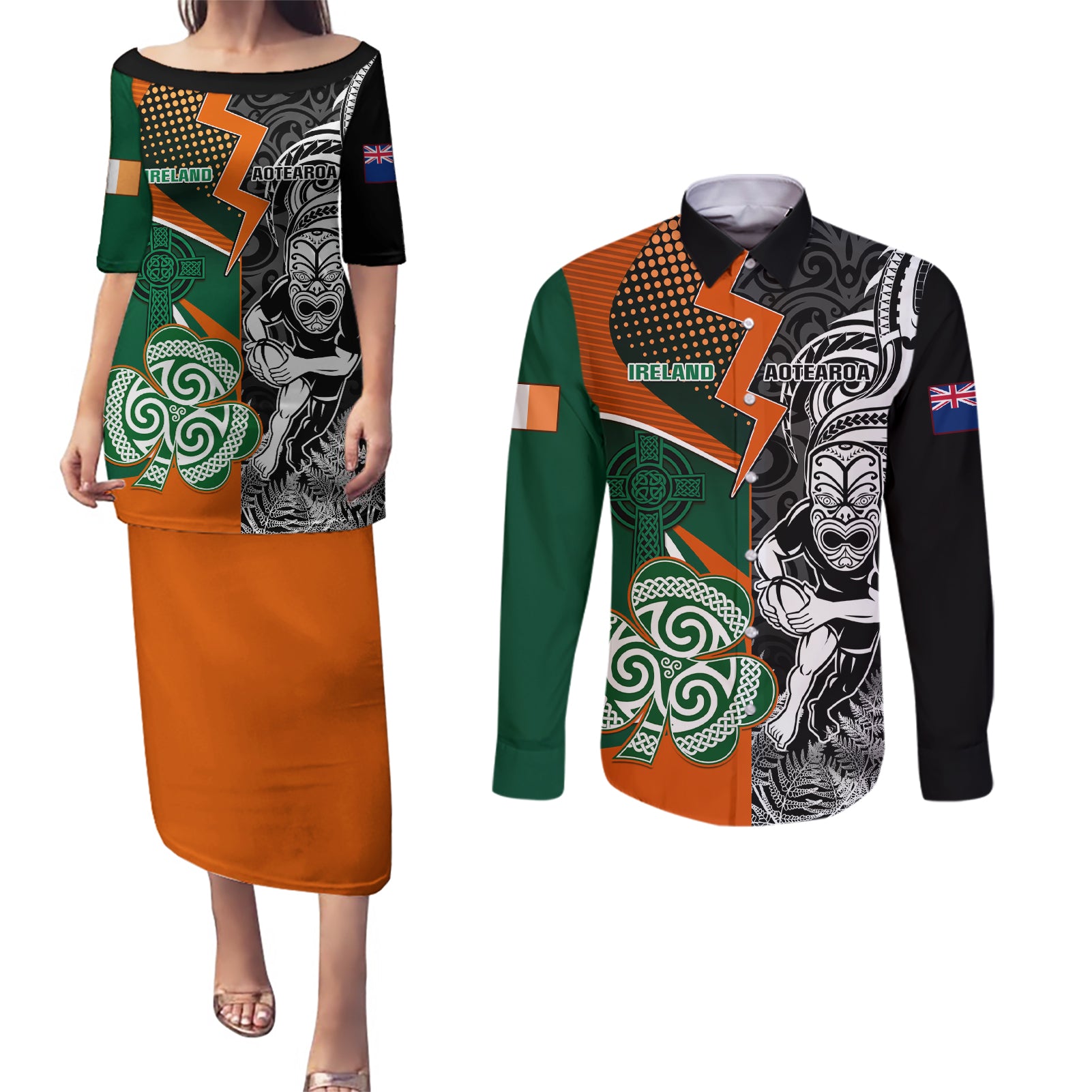 New Zealand and Ireland Rugby Couples Matching Puletasi Dress and Long Sleeve Button Shirts Silver Fern With Shamrock 2023 World Cup - Wonder Print Shop