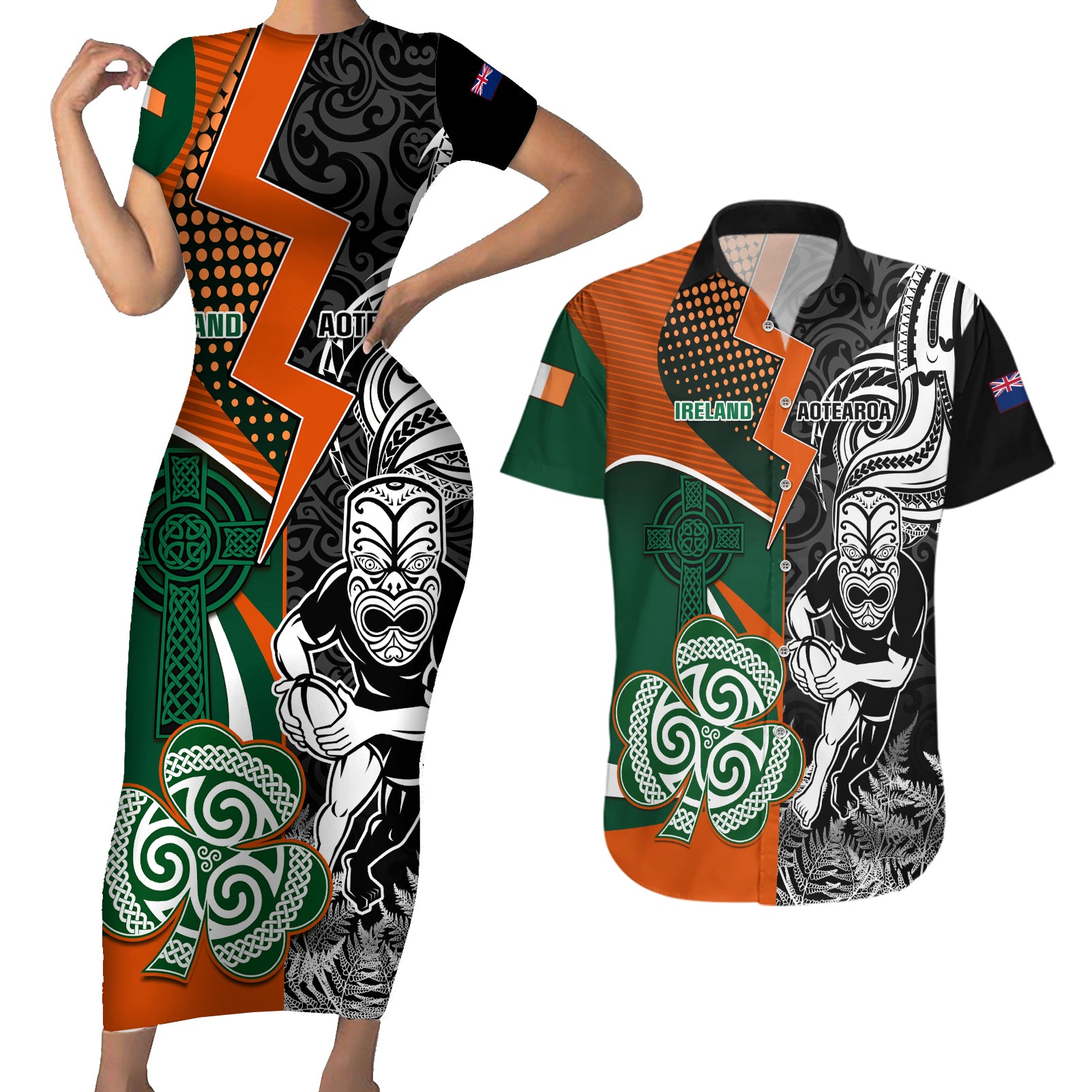 New Zealand and Ireland Rugby Couples Matching Short Sleeve Bodycon Dress and Hawaiian Shirt Silver Fern With Shamrock 2023 World Cup - Wonder Print Shop