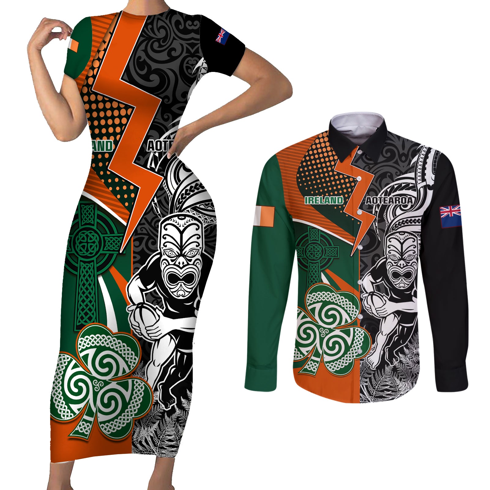 New Zealand and Ireland Rugby Couples Matching Short Sleeve Bodycon Dress and Long Sleeve Button Shirts Silver Fern With Shamrock 2023 World Cup - Wonder Print Shop