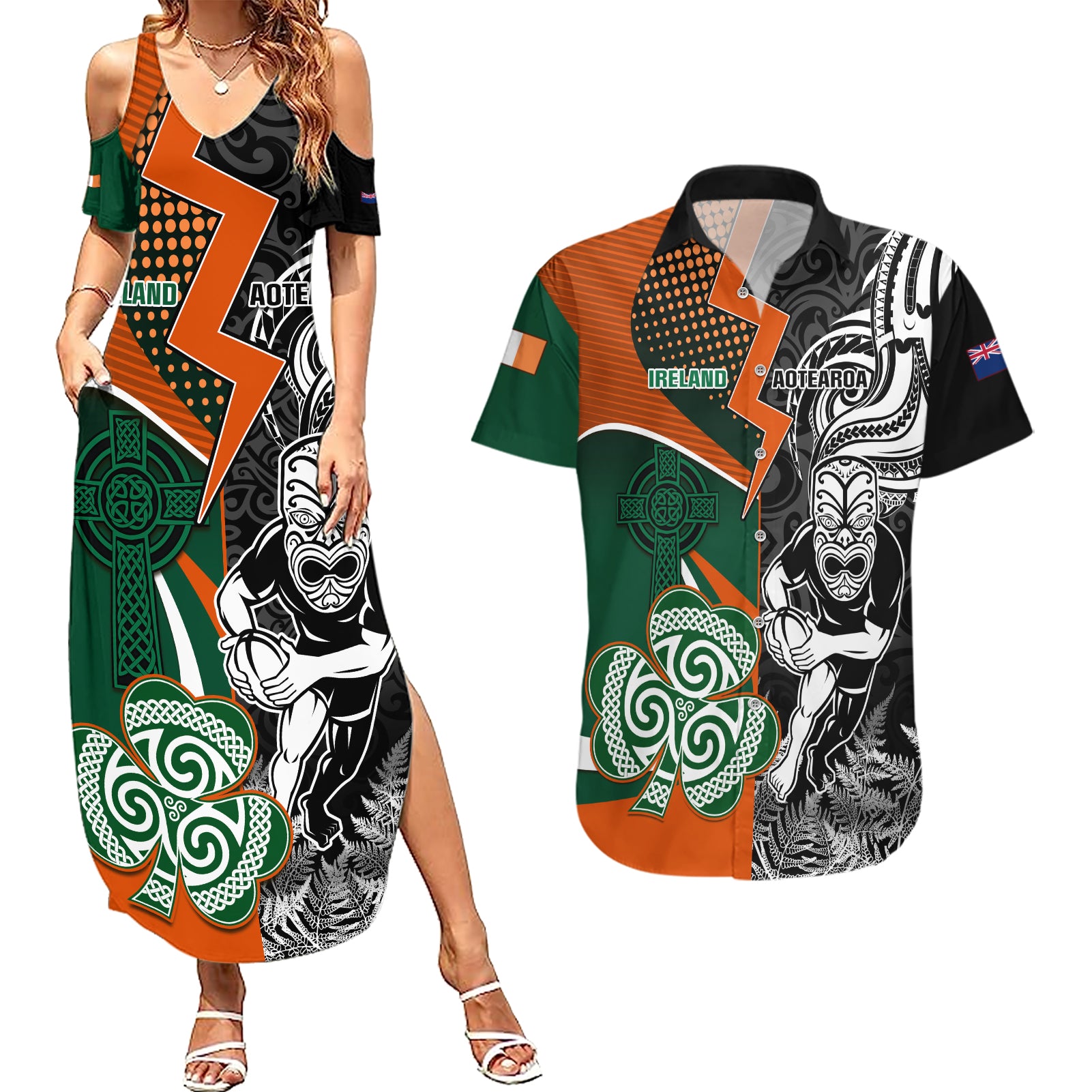 New Zealand and Ireland Rugby Couples Matching Summer Maxi Dress and Hawaiian Shirt Silver Fern With Shamrock 2023 World Cup - Wonder Print Shop