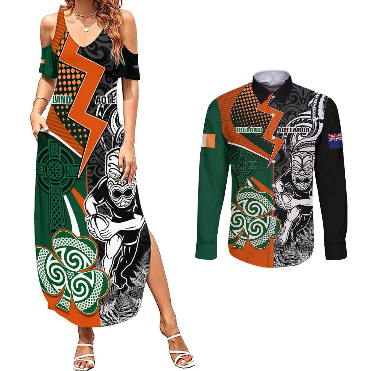 New Zealand and Ireland Rugby Couples Matching Summer Maxi Dress and Long Sleeve Button Shirts Silver Fern With Shamrock 2023 World Cup - Wonder Print Shop