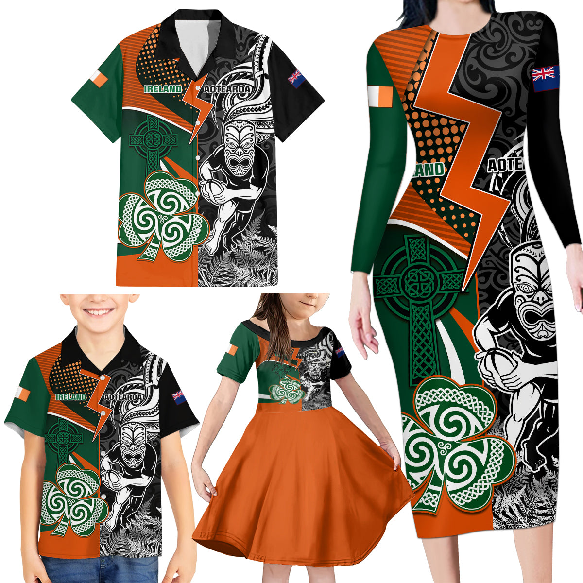 New Zealand and Ireland Rugby Family Matching Long Sleeve Bodycon Dress and Hawaiian Shirt Silver Fern With Shamrock 2023 World Cup - Wonder Print Shop