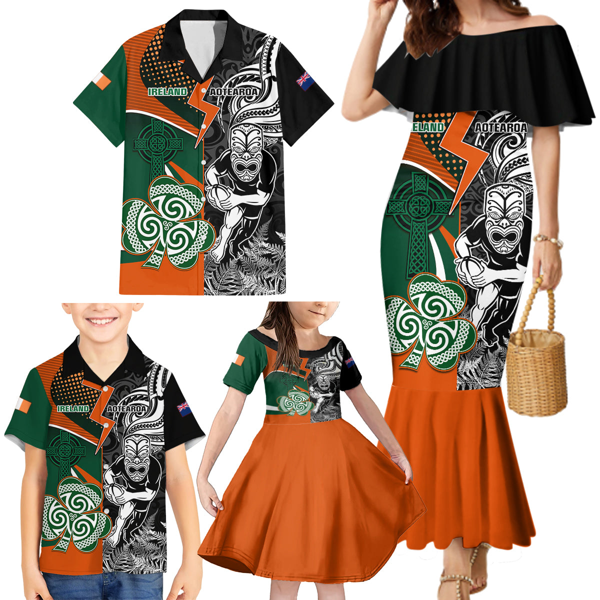 New Zealand and Ireland Rugby Family Matching Mermaid Dress and Hawaiian Shirt Silver Fern With Shamrock 2023 World Cup - Wonder Print Shop