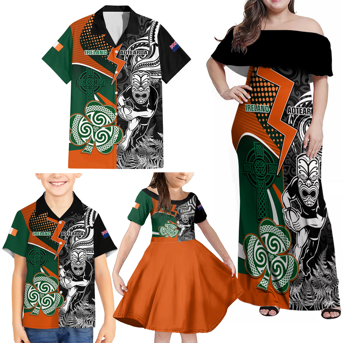 New Zealand and Ireland Rugby Family Matching Off Shoulder Maxi Dress and Hawaiian Shirt Silver Fern With Shamrock 2023 World Cup - Wonder Print Shop