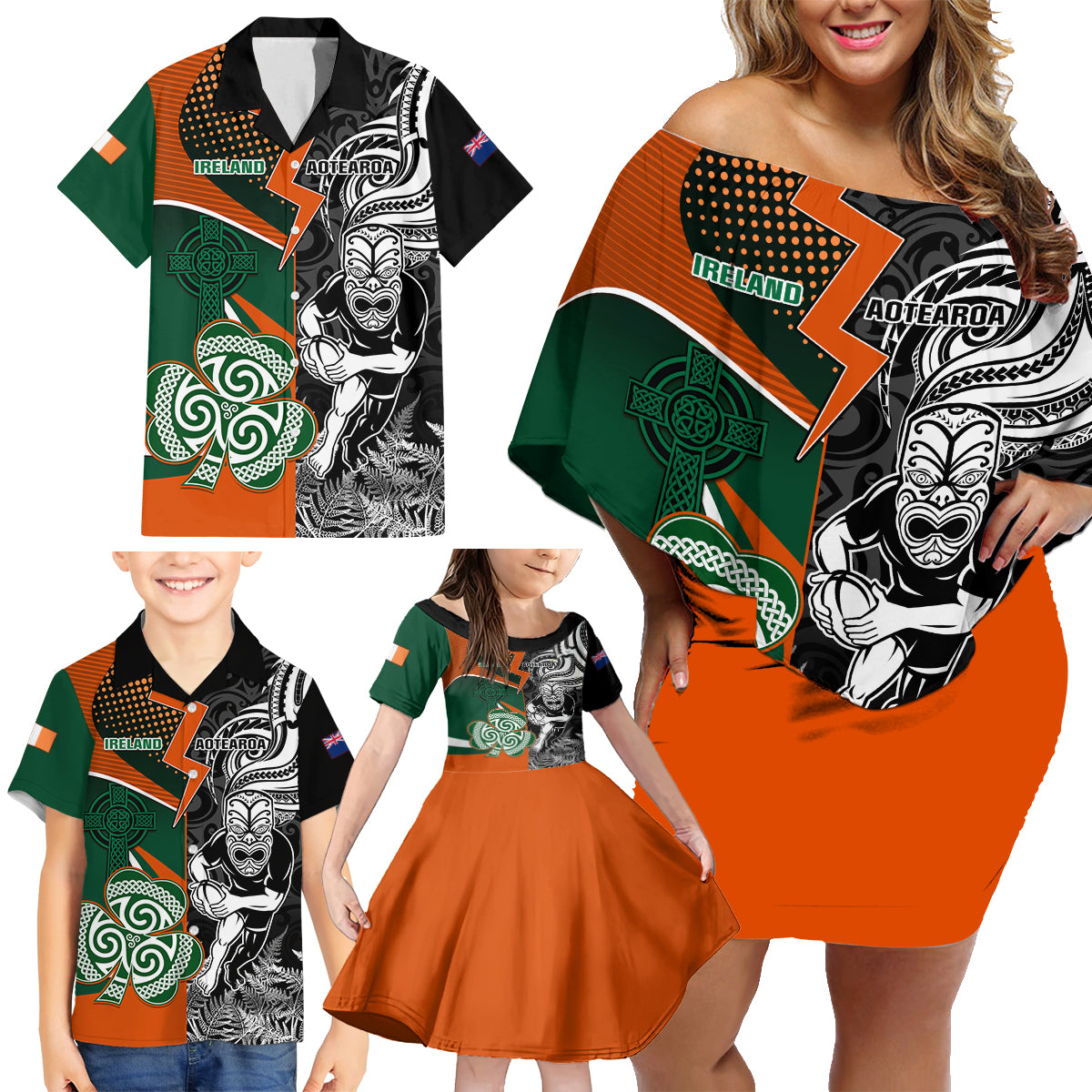 New Zealand and Ireland Rugby Family Matching Off Shoulder Short Dress and Hawaiian Shirt Silver Fern With Shamrock 2023 World Cup - Wonder Print Shop