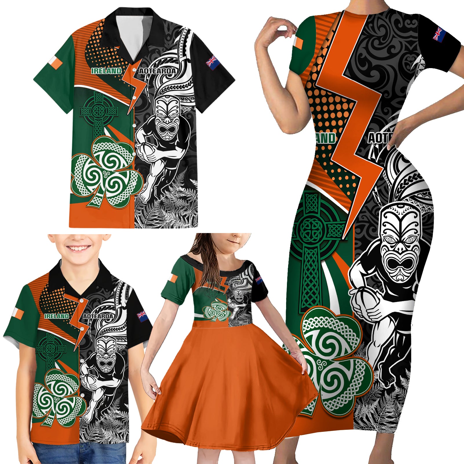 New Zealand and Ireland Rugby Family Matching Short Sleeve Bodycon Dress and Hawaiian Shirt Silver Fern With Shamrock 2023 World Cup - Wonder Print Shop