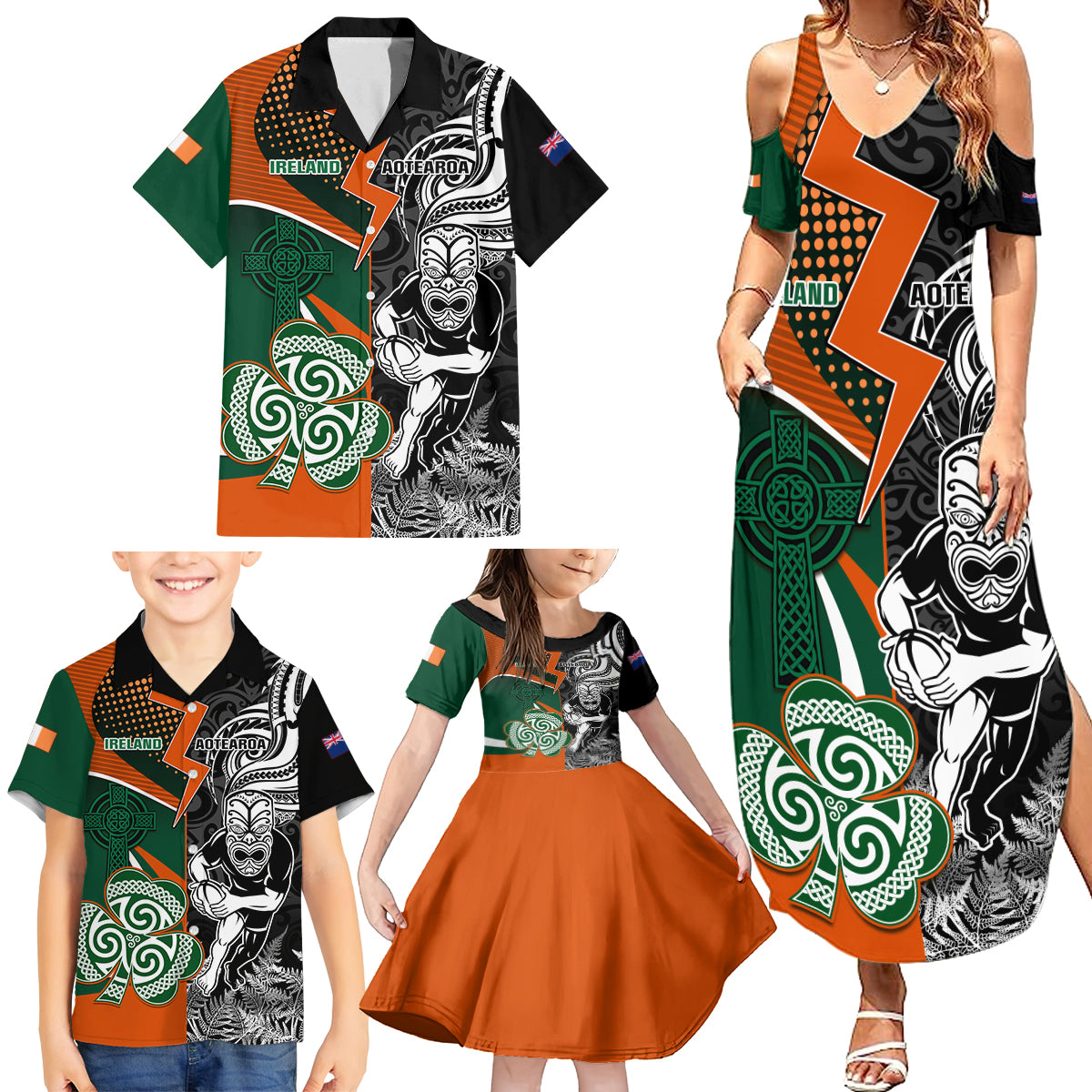 New Zealand and Ireland Rugby Family Matching Summer Maxi Dress and Hawaiian Shirt Silver Fern With Shamrock 2023 World Cup - Wonder Print Shop