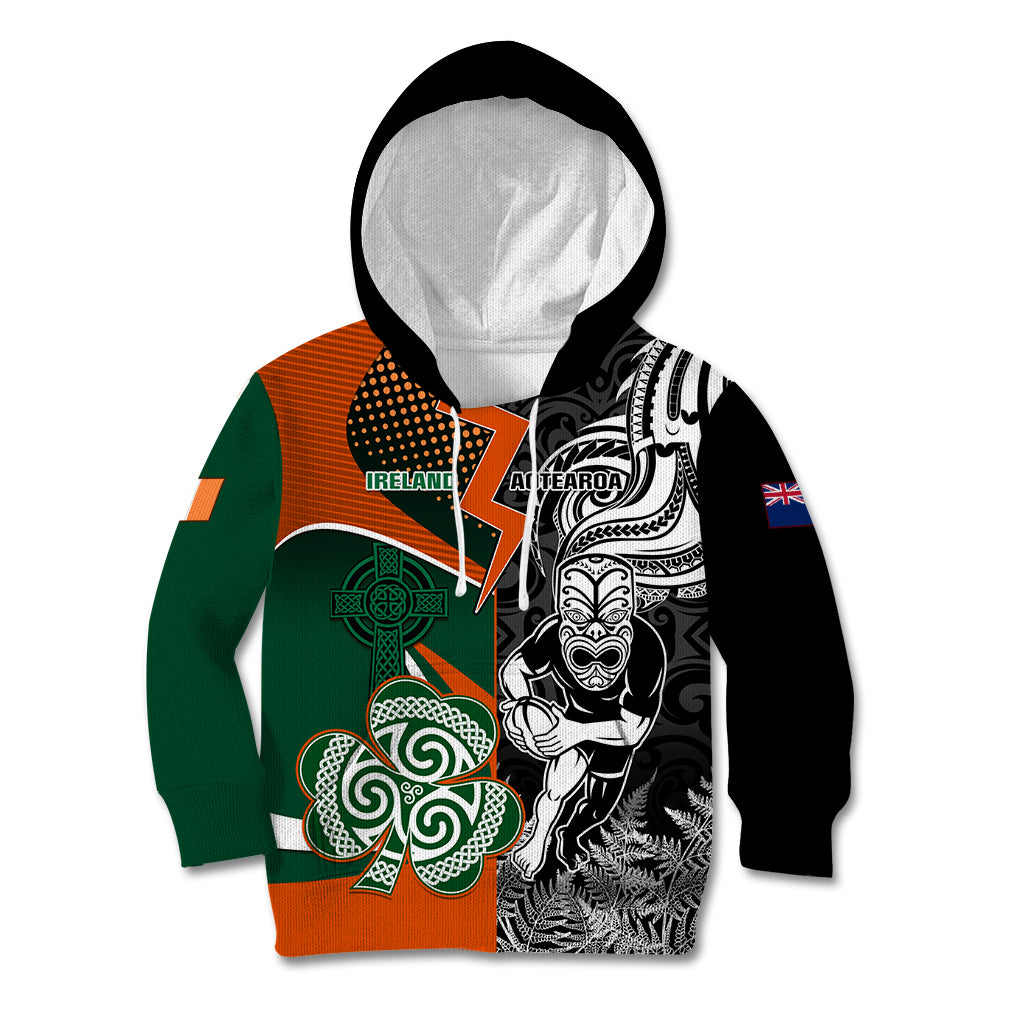 New Zealand and Ireland Rugby Kid Hoodie Silver Fern With Shamrock 2023 World Cup - Wonder Print Shop