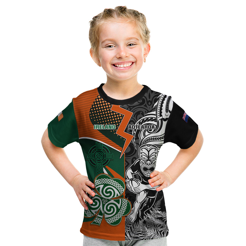 New Zealand and Ireland Rugby Kid T Shirt Silver Fern With Shamrock 2023 World Cup - Wonder Print Shop