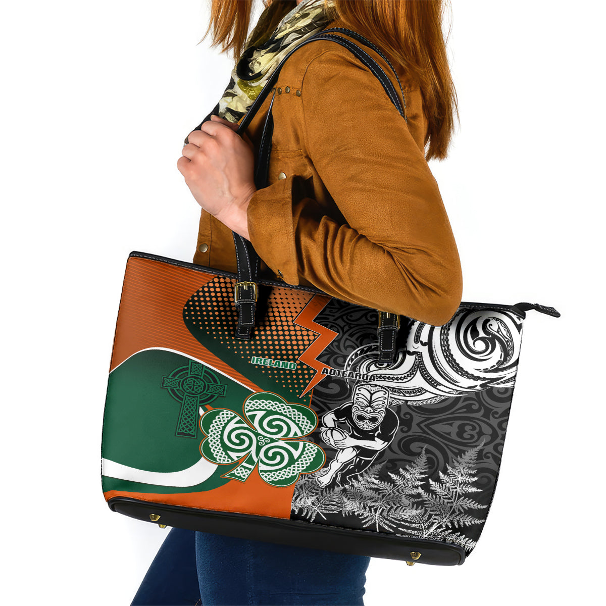 New Zealand and Ireland Rugby Leather Tote Bag Silver Fern With Shamrock 2023 World Cup - Wonder Print Shop