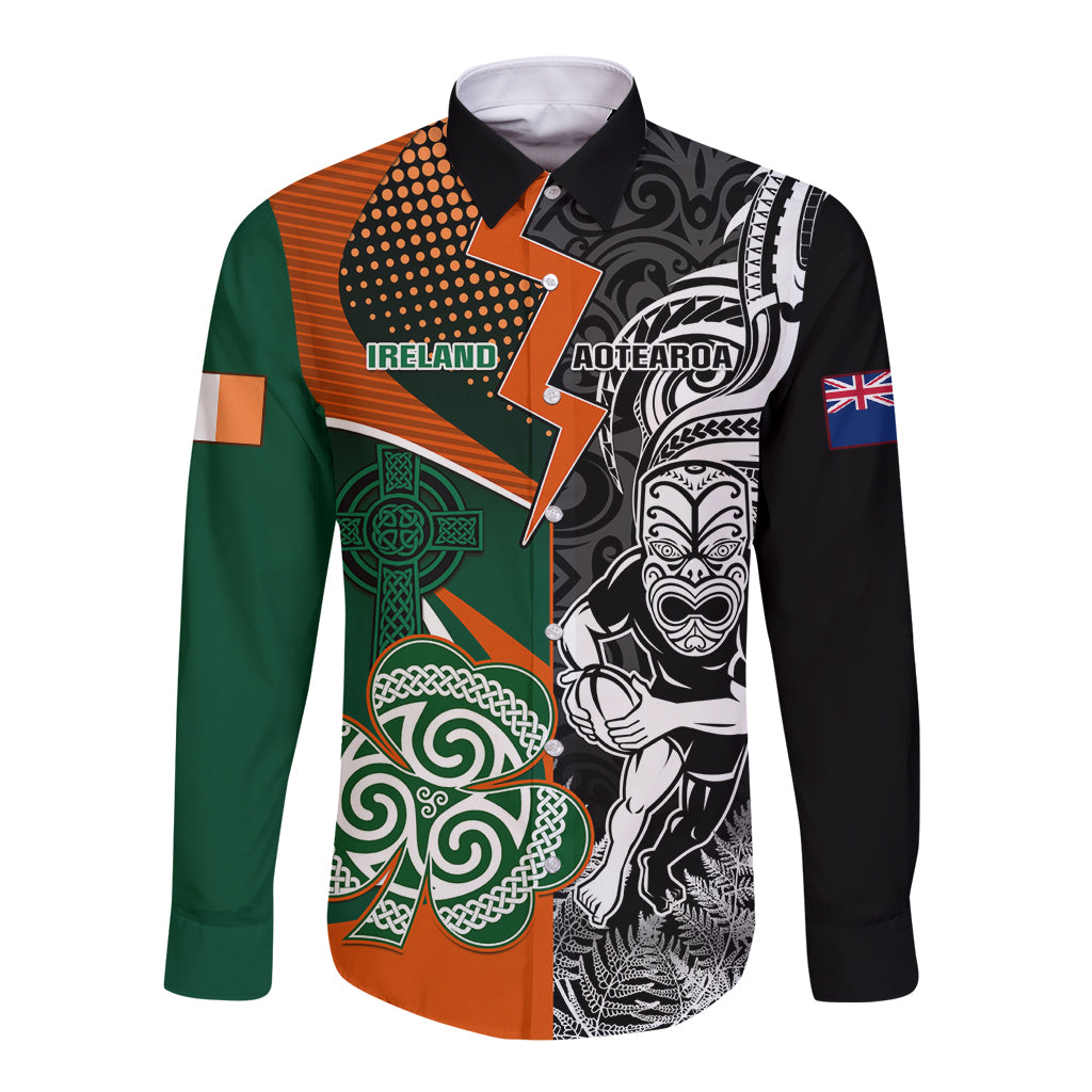 New Zealand and Ireland Rugby Long Sleeve Button Shirt Silver Fern With Shamrock 2023 World Cup - Wonder Print Shop