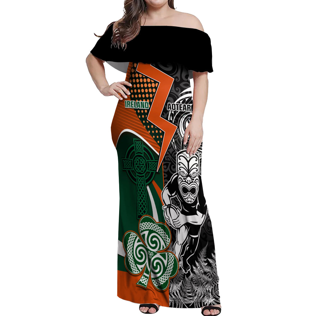 New Zealand and Ireland Rugby Off Shoulder Maxi Dress Silver Fern With Shamrock 2023 World Cup - Wonder Print Shop