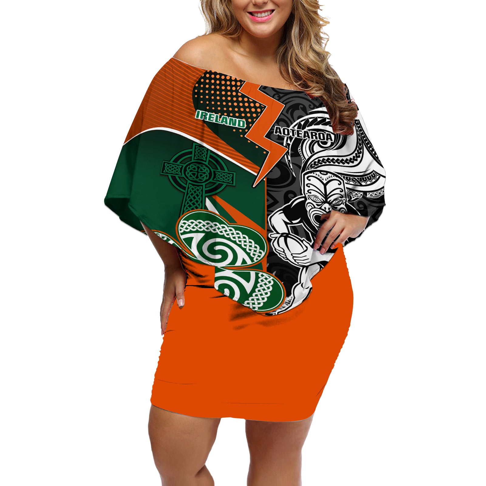 New Zealand and Ireland Rugby Off Shoulder Short Dress Silver Fern With Shamrock 2023 World Cup - Wonder Print Shop