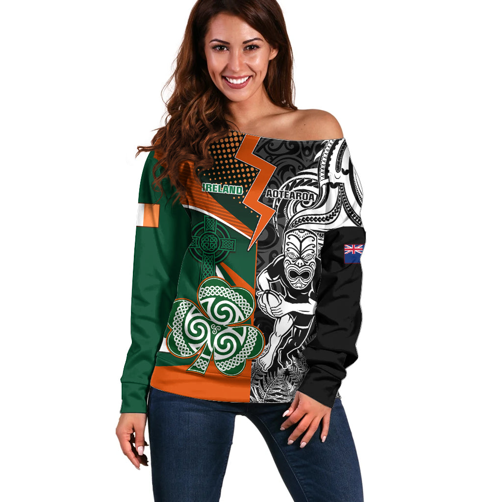 New Zealand and Ireland Rugby Off Shoulder Sweater Silver Fern With Shamrock 2023 World Cup - Wonder Print Shop