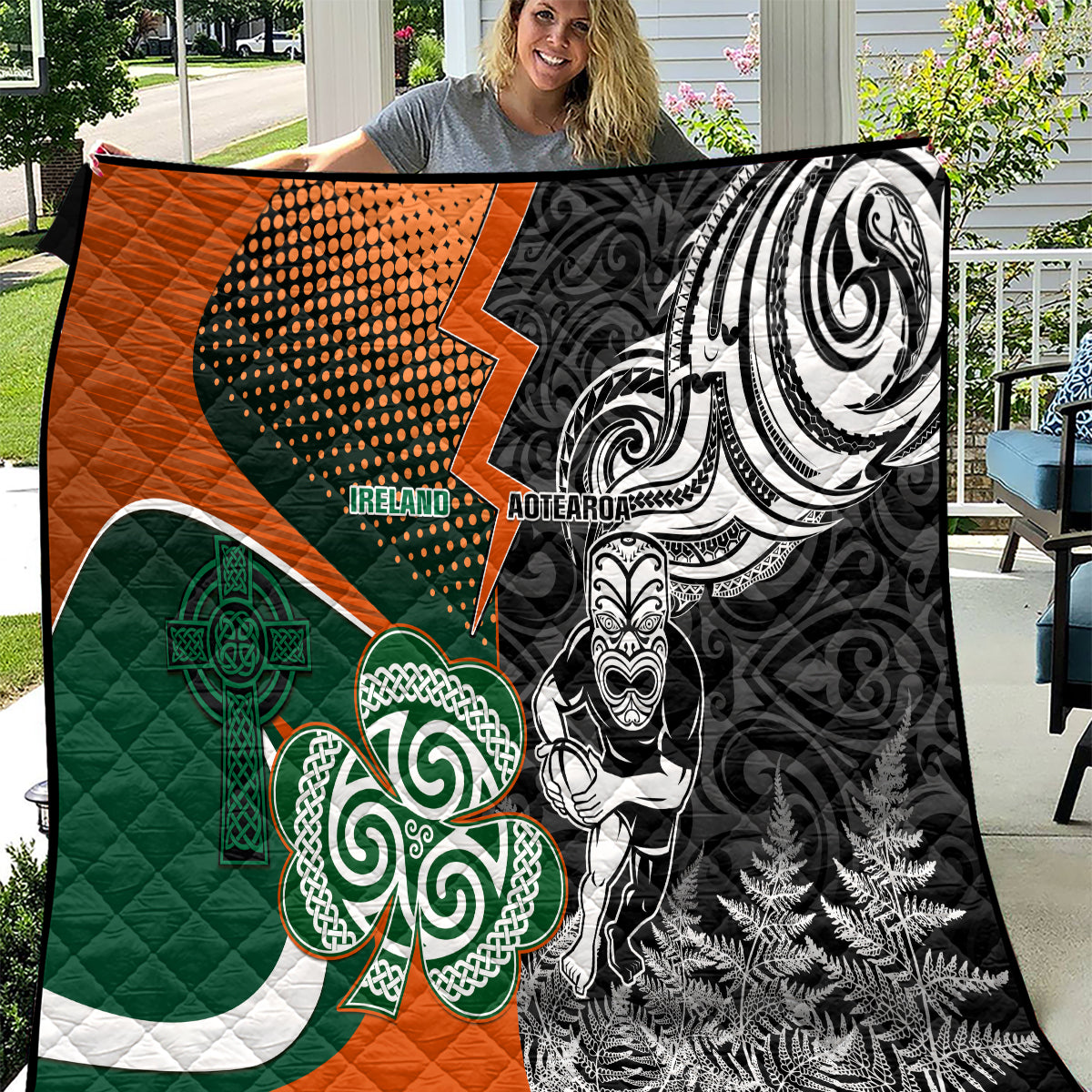 new-zealand-and-ireland-rugby-quilt-silver-fern-with-shamrock-2023-world-cup