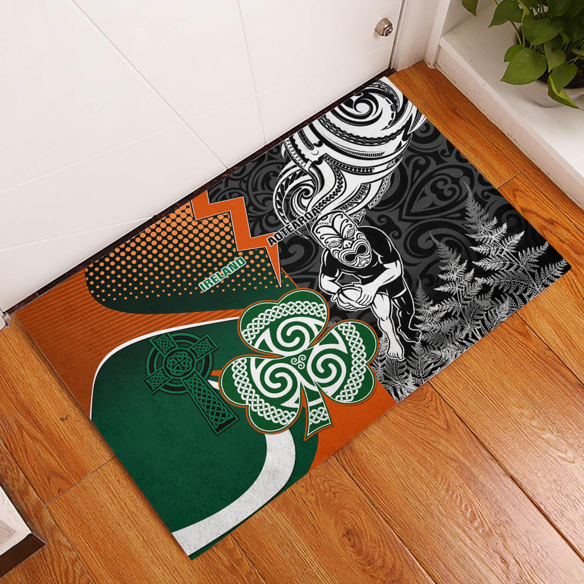 New Zealand and Ireland Rugby Rubber Doormat Silver Fern With Shamrock 2023 World Cup - Wonder Print Shop