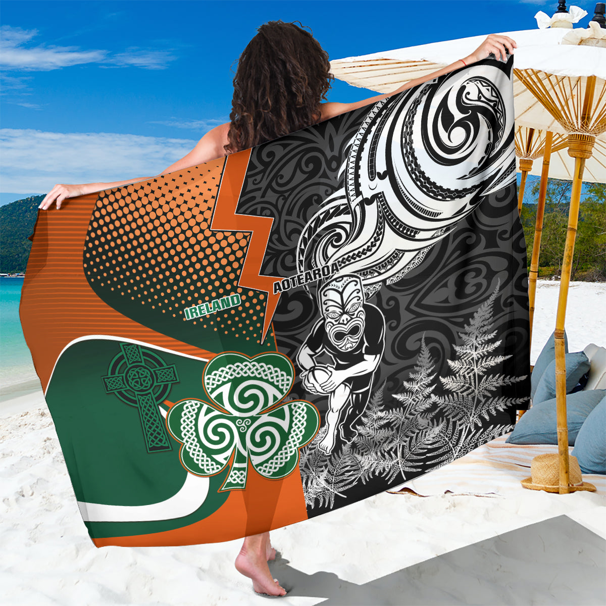 New Zealand and Ireland Rugby Sarong Silver Fern With Shamrock 2023 World Cup - Wonder Print Shop