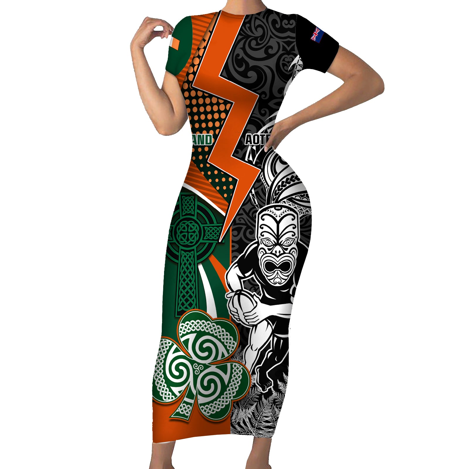 new-zealand-and-ireland-rugby-short-sleeve-bodycon-dress-silver-fern-with-shamrock-2023-world-cup