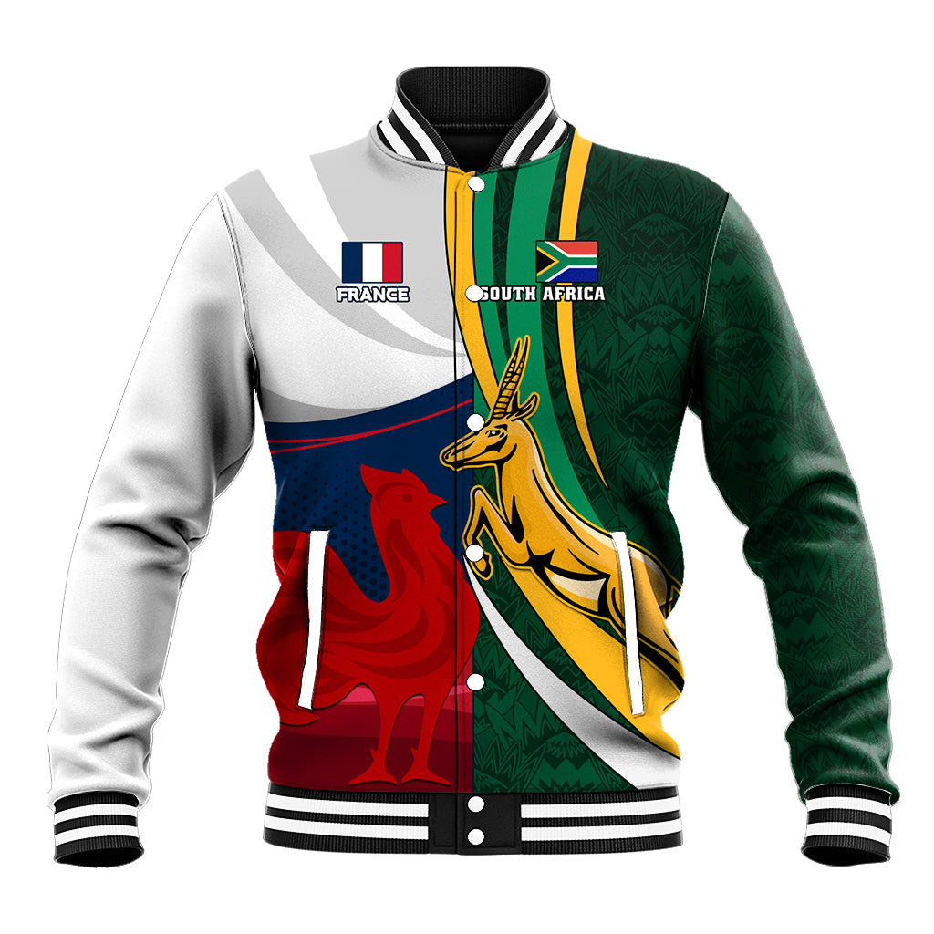 Unisex rugby baseball varsity jacket with green, white, red graphics and striped ribbed collar