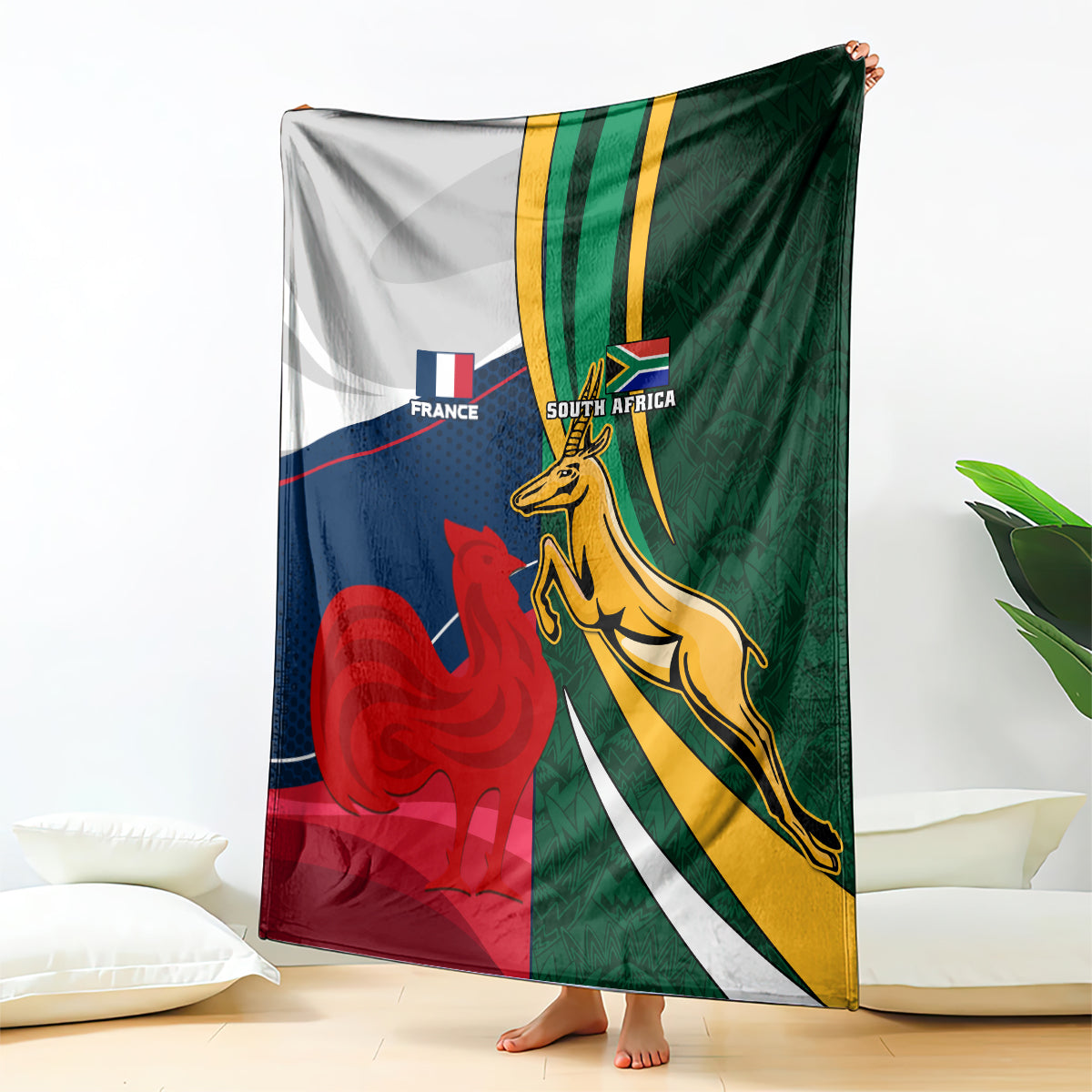 Rugby blanket with France and South Africa graphics, green and red flag-style design