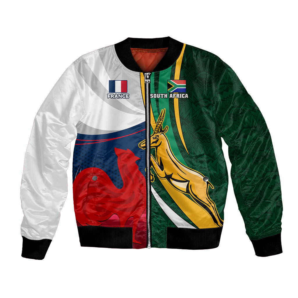 Unisex bomber jacket with multicolor rugby graphic, ribbed collar and cuffs
