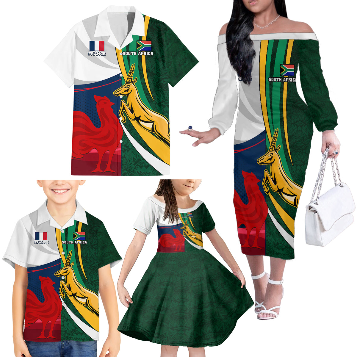 South Africa and France Rugby Family Matching Off Shoulder Long Sleeve Dress and Hawaiian Shirt Springbok With Le XV de France 2023 World Cup - Wonder Print Shop