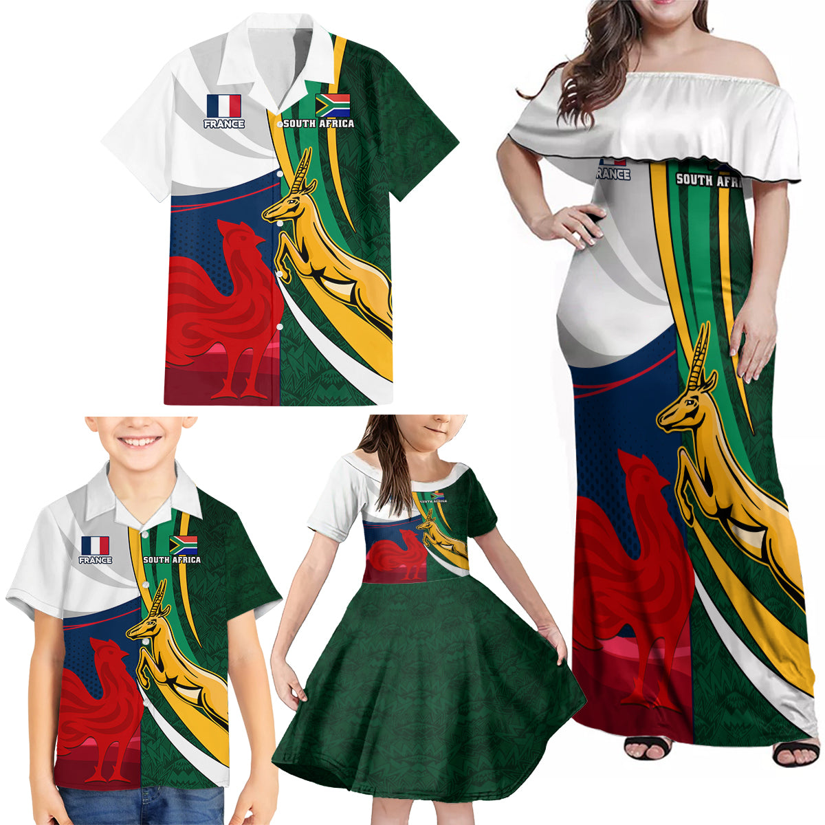 South Africa and France Rugby Family Matching Off Shoulder Maxi Dress and Hawaiian Shirt Springbok With Le XV de France 2023 World Cup - Wonder Print Shop