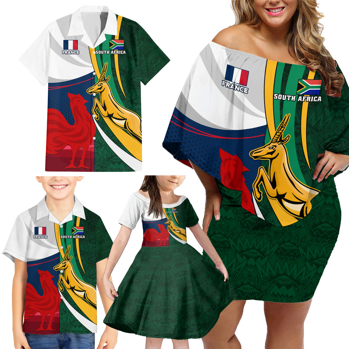 South Africa and France Rugby Family Matching Off Shoulder Short Dress and Hawaiian Shirt Springbok With Le XV de France 2023 World Cup - Wonder Print Shop