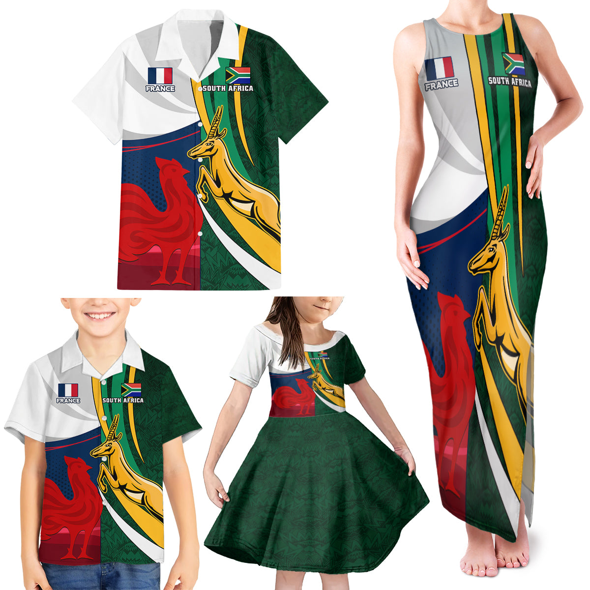 South Africa and France Rugby Family Matching Tank Maxi Dress and Hawaiian Shirt Springbok With Le XV de France 2023 World Cup - Wonder Print Shop