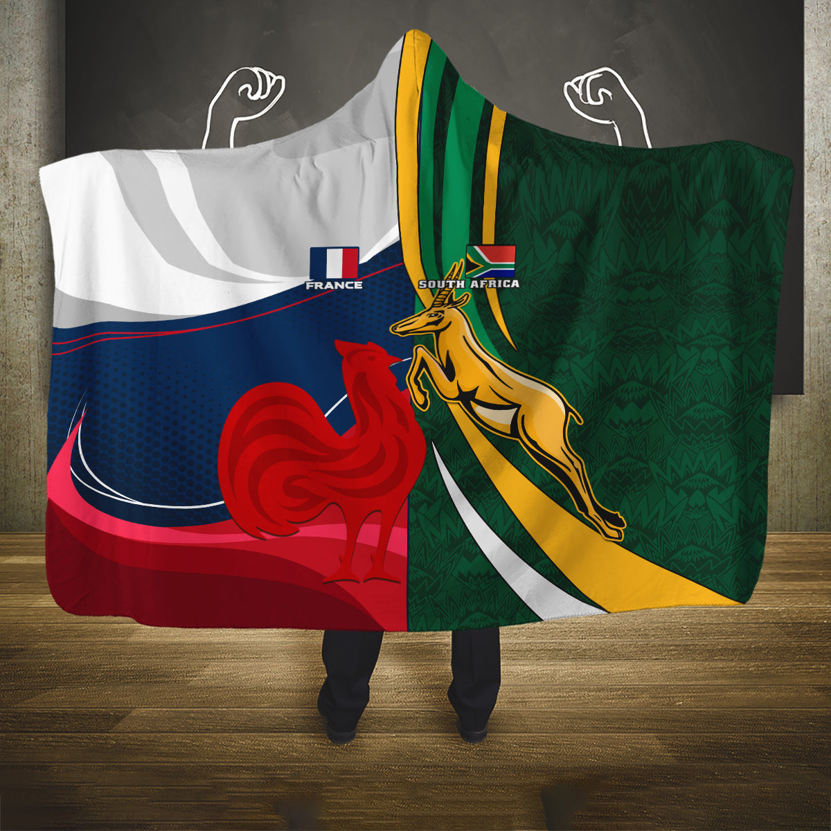 south-africa-and-france-rugby-hooded-blanket-springbok-with-le-xv-de-france-2023-world-cup