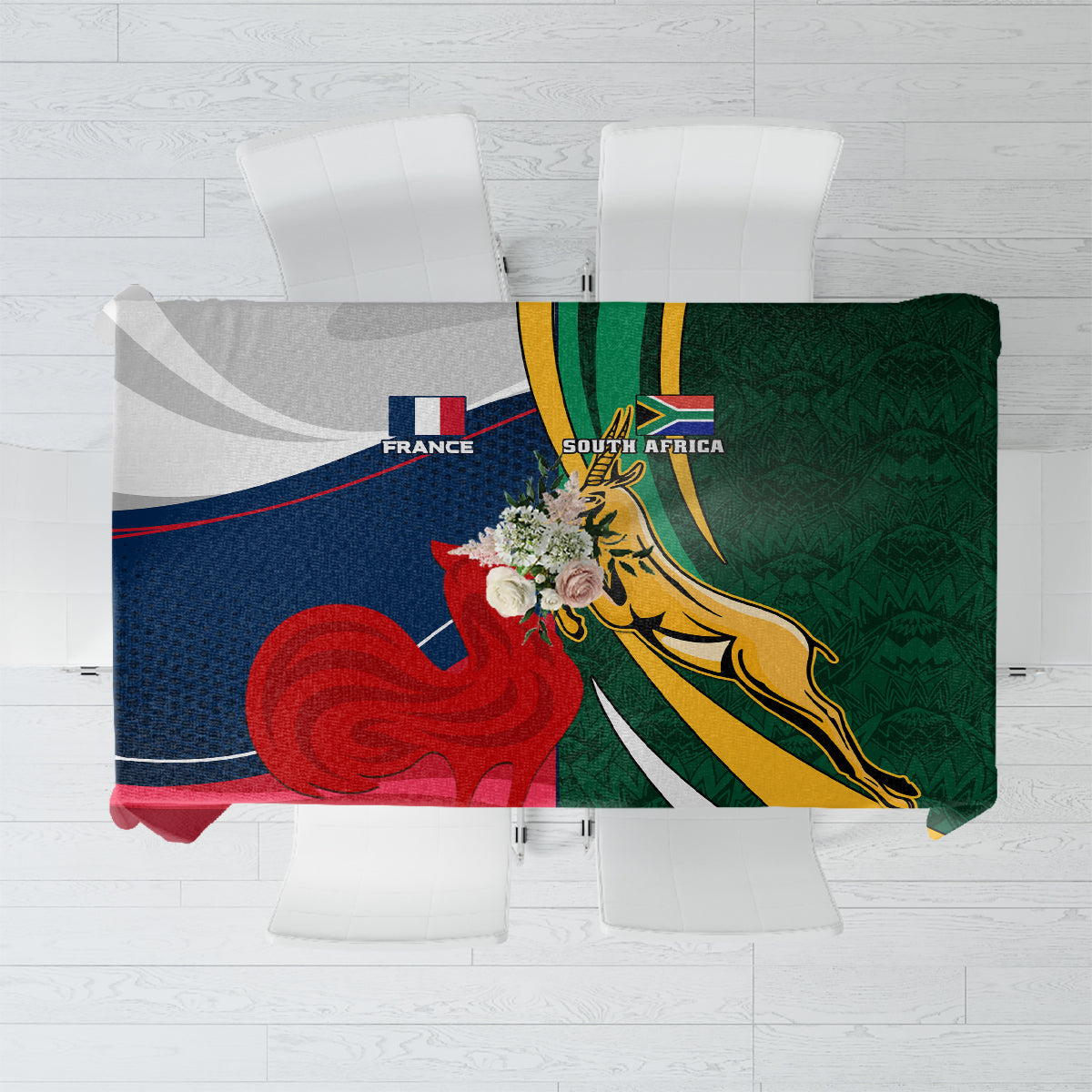 Rugby-themed tablecloth with France and South Africa flags and Springbok graphic, dark green design