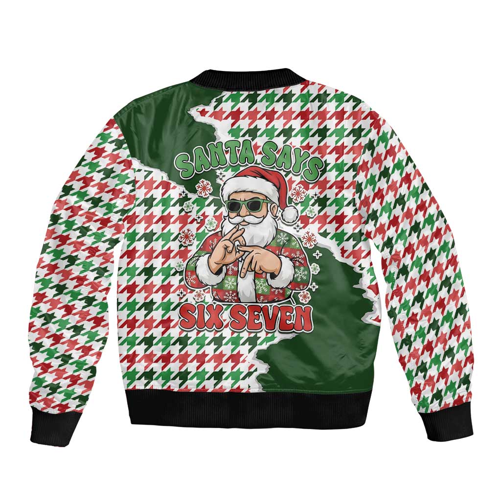 Funny Santa Claus Says Six Seven Sleeve Zip Bomber Jacket Christmas Houndstooth Pattern - Wonder Print Shop