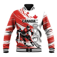 Red and white varsity baseball jacket with black striped collar and front Canada hockey print