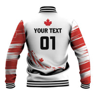 Grey and red baseball jacket with black striped cuffs, back maple leaf and text 01