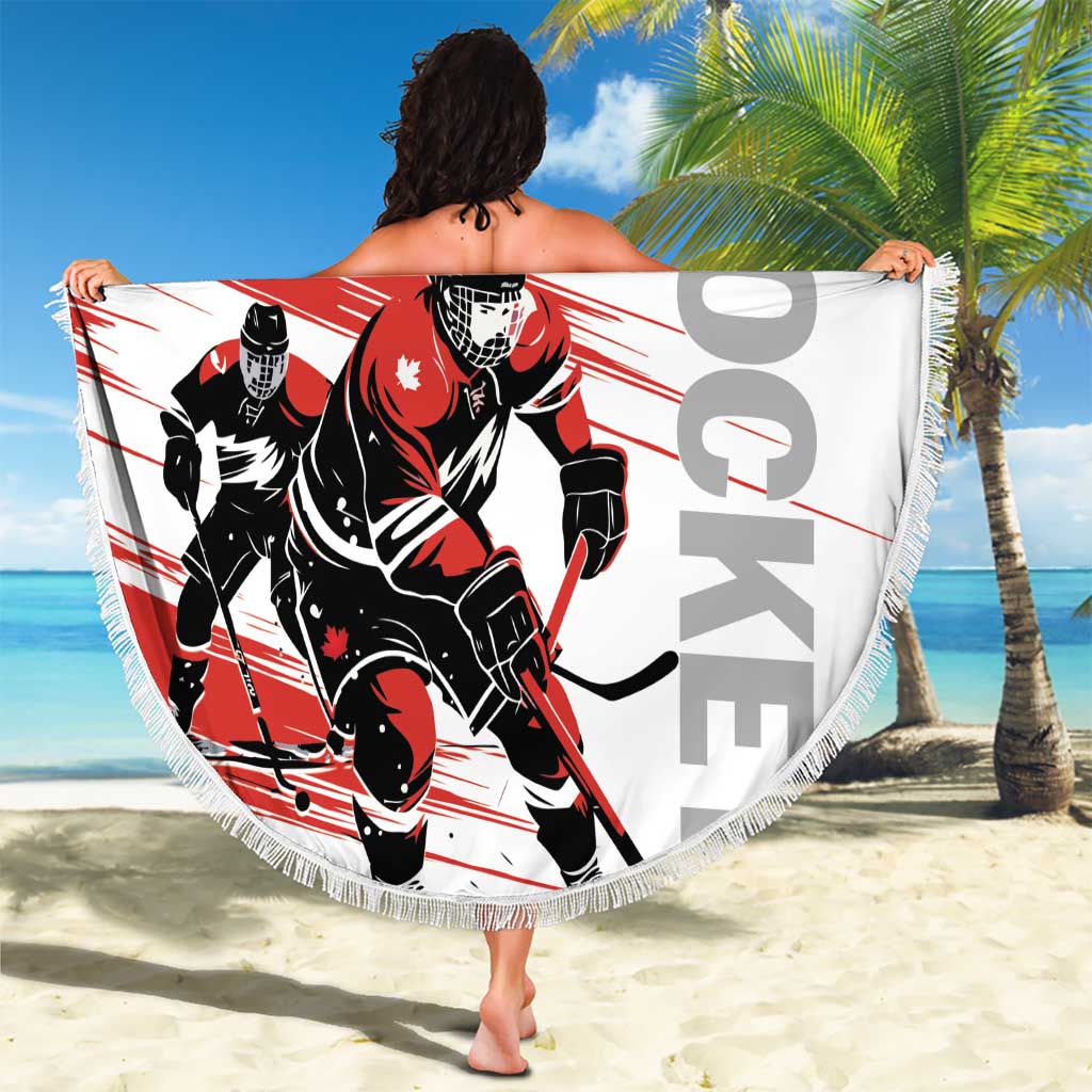 Round hockey beach blanket with red-and-white player graphic, CANADA text, and fringe